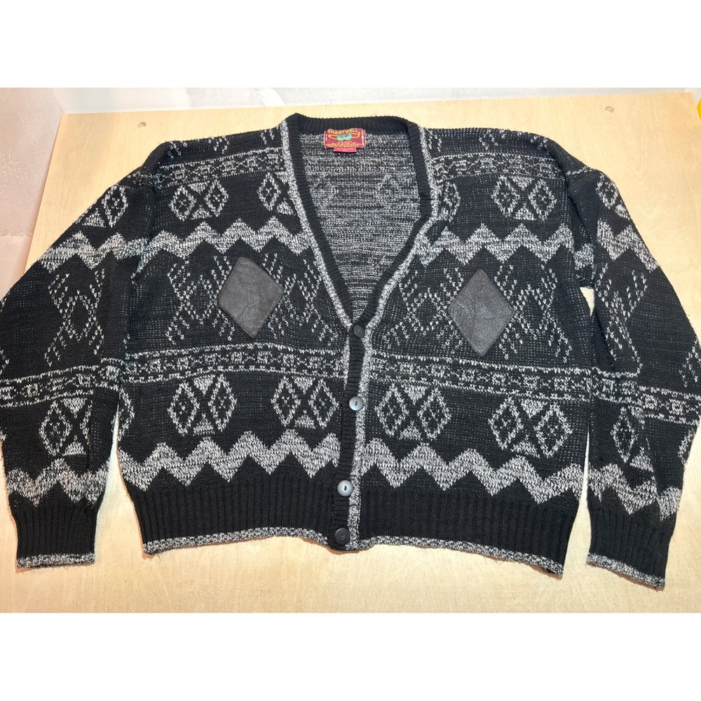 Vintage Chartwell Grandpa Cardigan 3X Black with Leather Patch Cosby Sweaterh